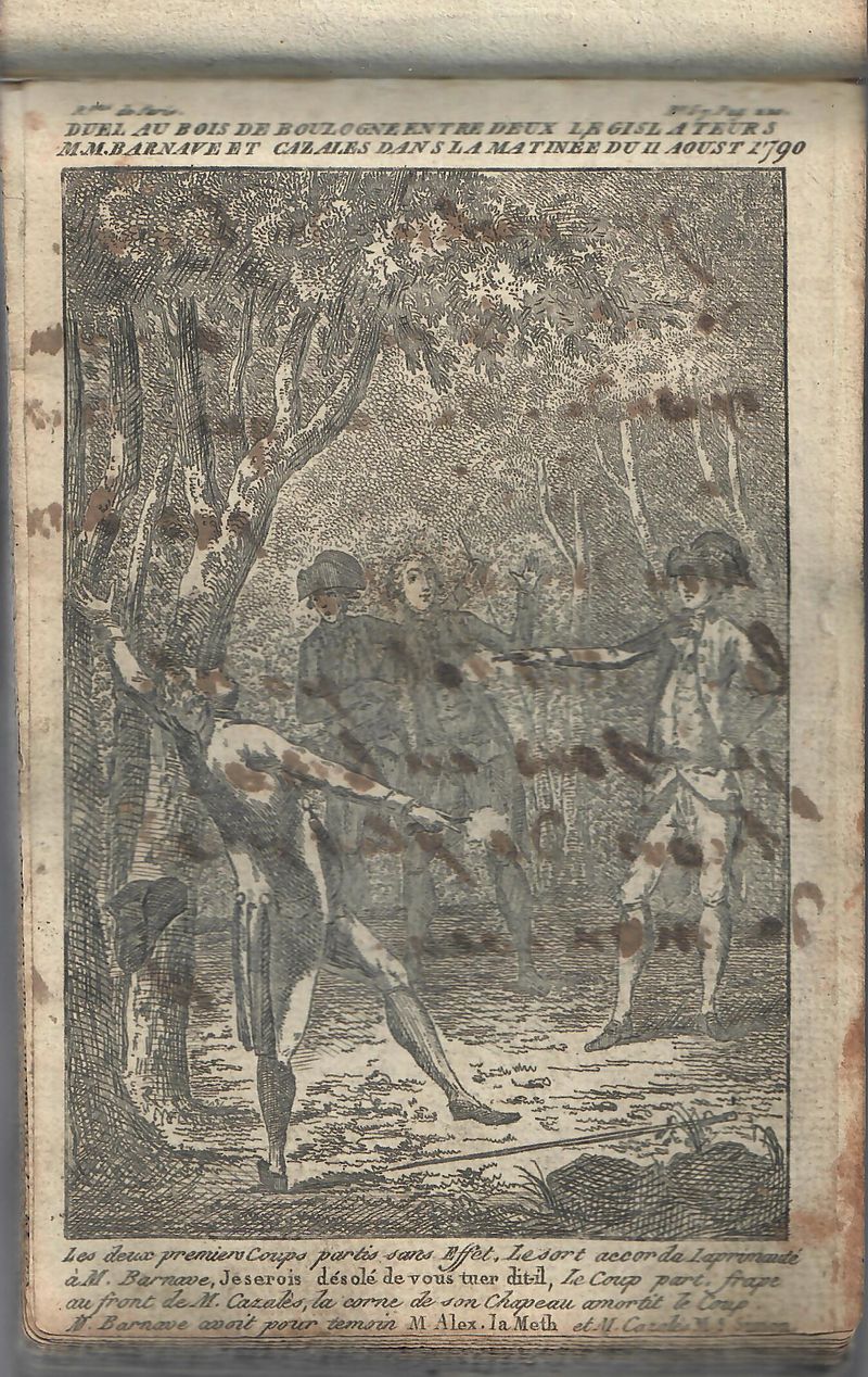 Duel au bois de Boulogne entre deux législateurs M.M. Barnave et Cazales dans la matinée du 11 aoust 1790