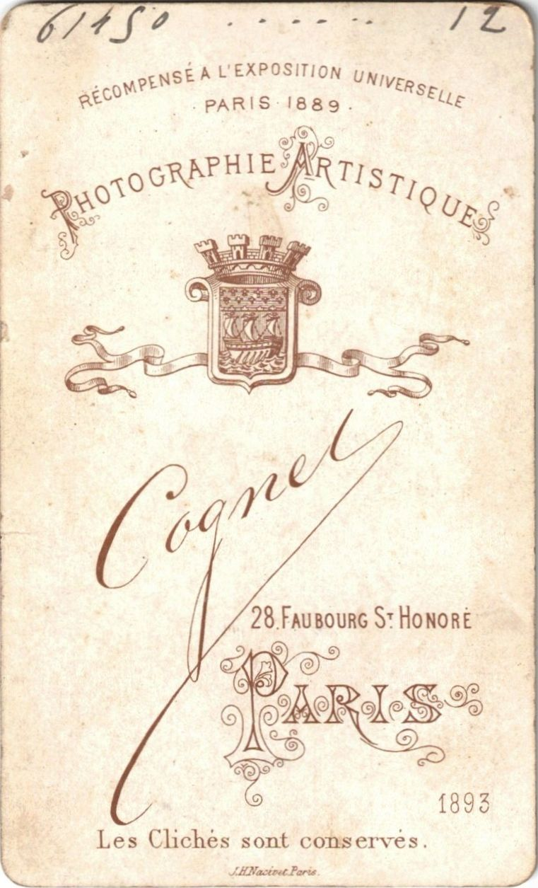 Paris - Récompensé à l'Exposition Universelle de 1889 - Photographie Artistique - Cognet - 28, Faubourg St Honoré - Paris - 1883 - Les Clichés sont conservés - J.H. Nacinet Paris