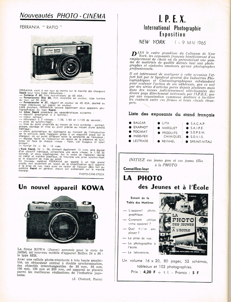 Article Nouveautés Ferrania Rapid Kowa SER - Photo Cinéma - mai 1965