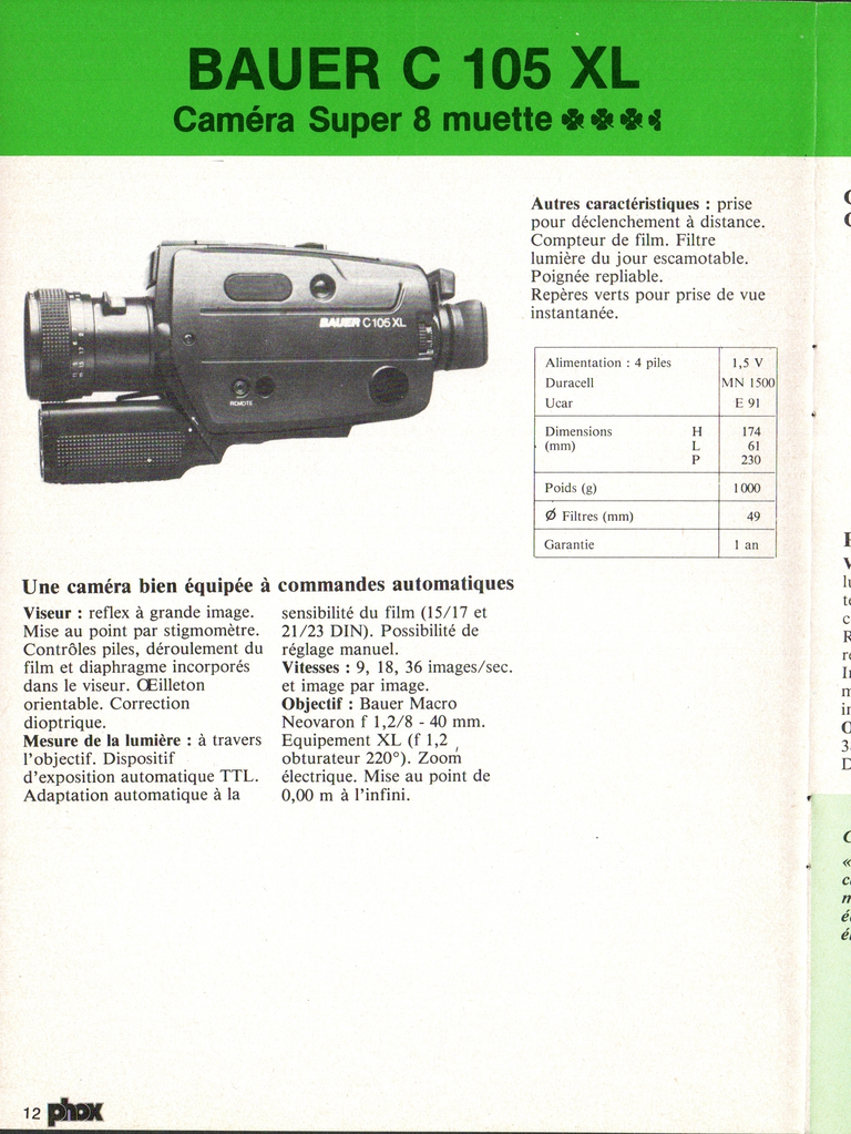 1980 - Phox Dossier-vérité : Les caméras Super 8 et la vidéo - Bauer C 105 XL