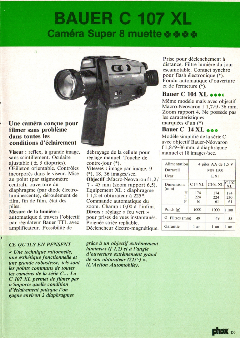 1980 - Phox Dossier-vérité : Les caméras Super 8 et la vidéo - Bauer C 107 XL