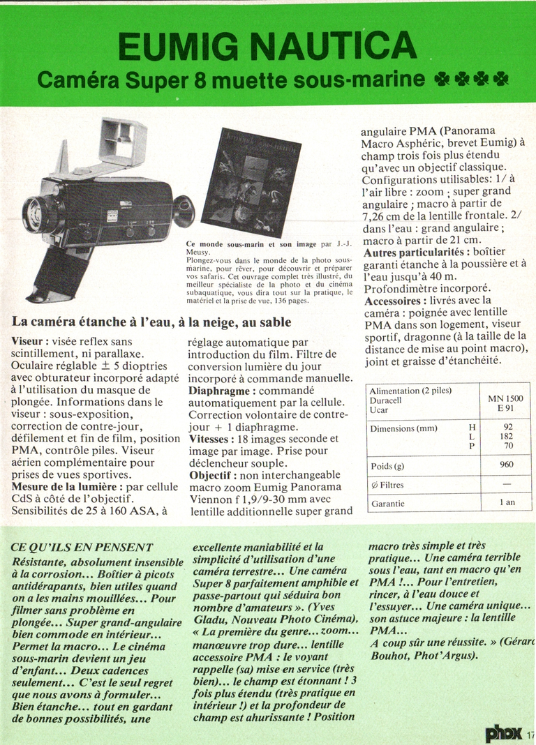 1980 - Phox Dossier-vérité : Les caméras Super 8 et la vidéo - Eumig Nautica