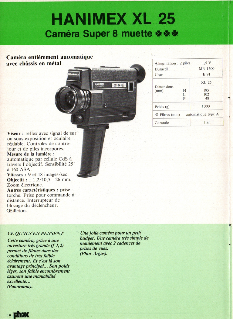 1980 - Phox Dossier-vérité : Les caméras Super 8 et la vidéo - Hanimex XL 25
