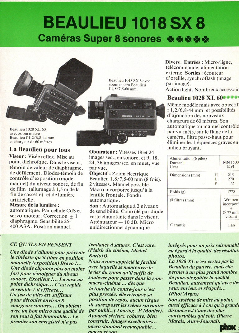 1980 - Phox Dossier-vérité : Les caméras Super 8 et la vidéo - Beaulieu 1018 SX 8