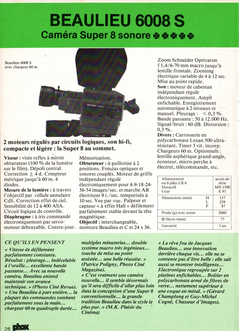 1980 - Phox Dossier-vérité : Les caméras Super 8 et la vidéo - Beaulieu 6008 S