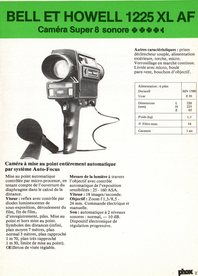 1980 - Phox Dossier-vérité : Les caméras Super 8 et la vidéo - Bell & Howell 1225 XL AF