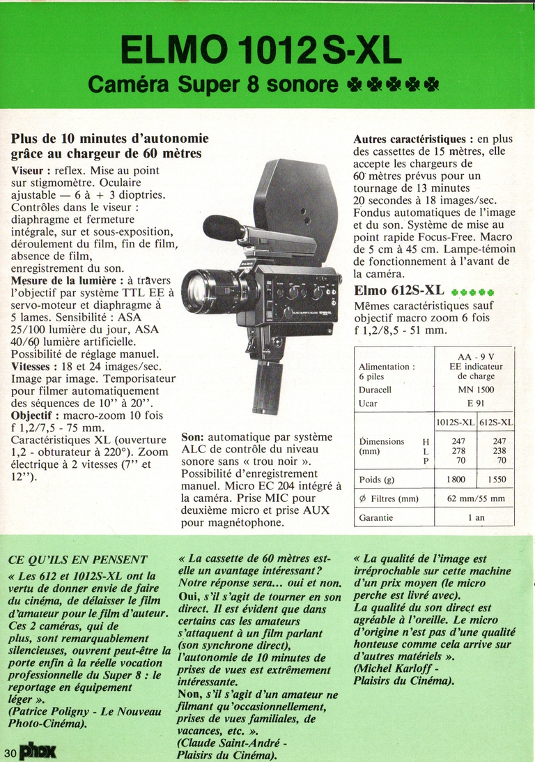 1980 - Phox Dossier-vérité : Les caméras Super 8 et la vidéo - Elmo 1012 S-XL