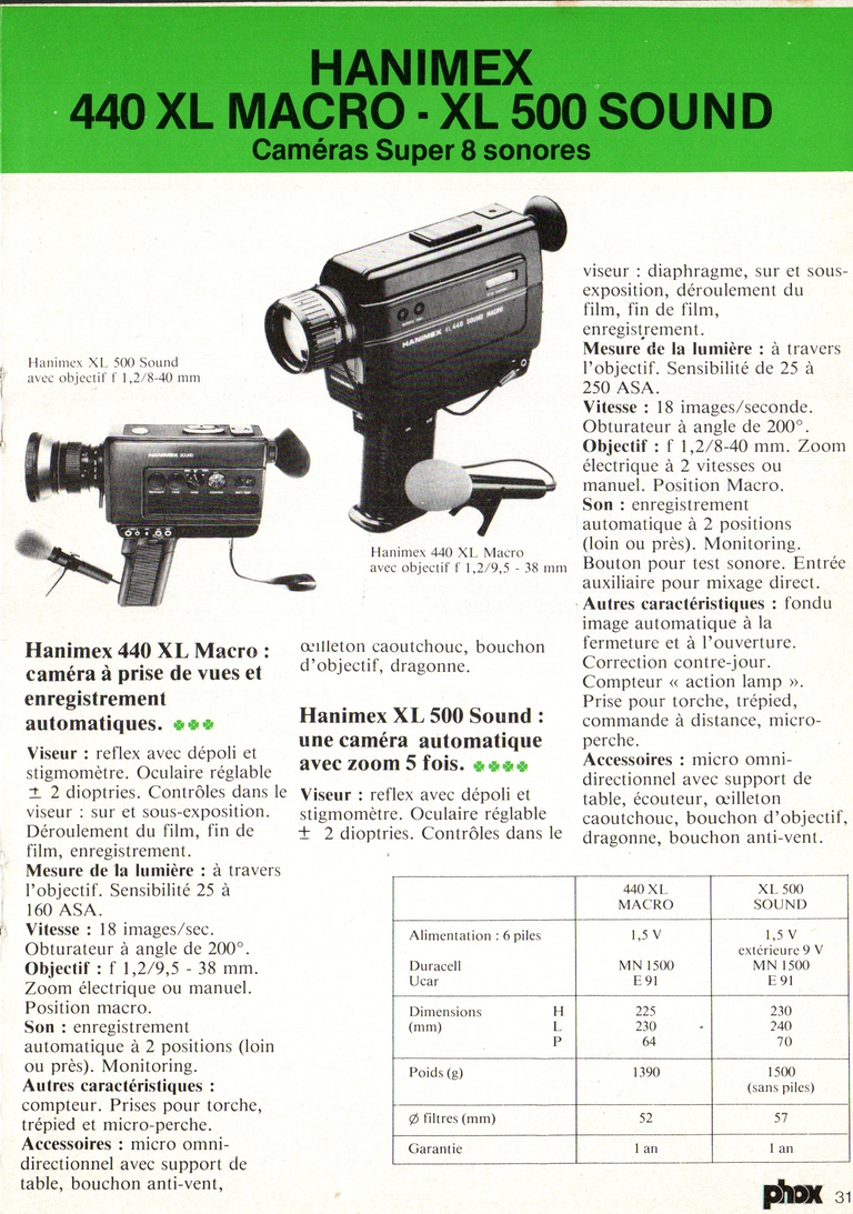 1980 - Phox Dossier-vérité : Les caméras Super 8 et la vidéo - Hanimex 440 XL Macro - XL 500 Sound
