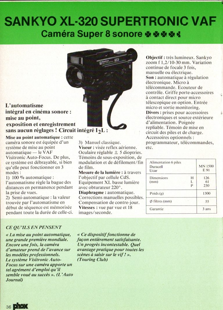 1980 - Phox Dossier-vérité : Les caméras Super 8 et la vidéo - Sankyo XL-320 Supertronic VAF