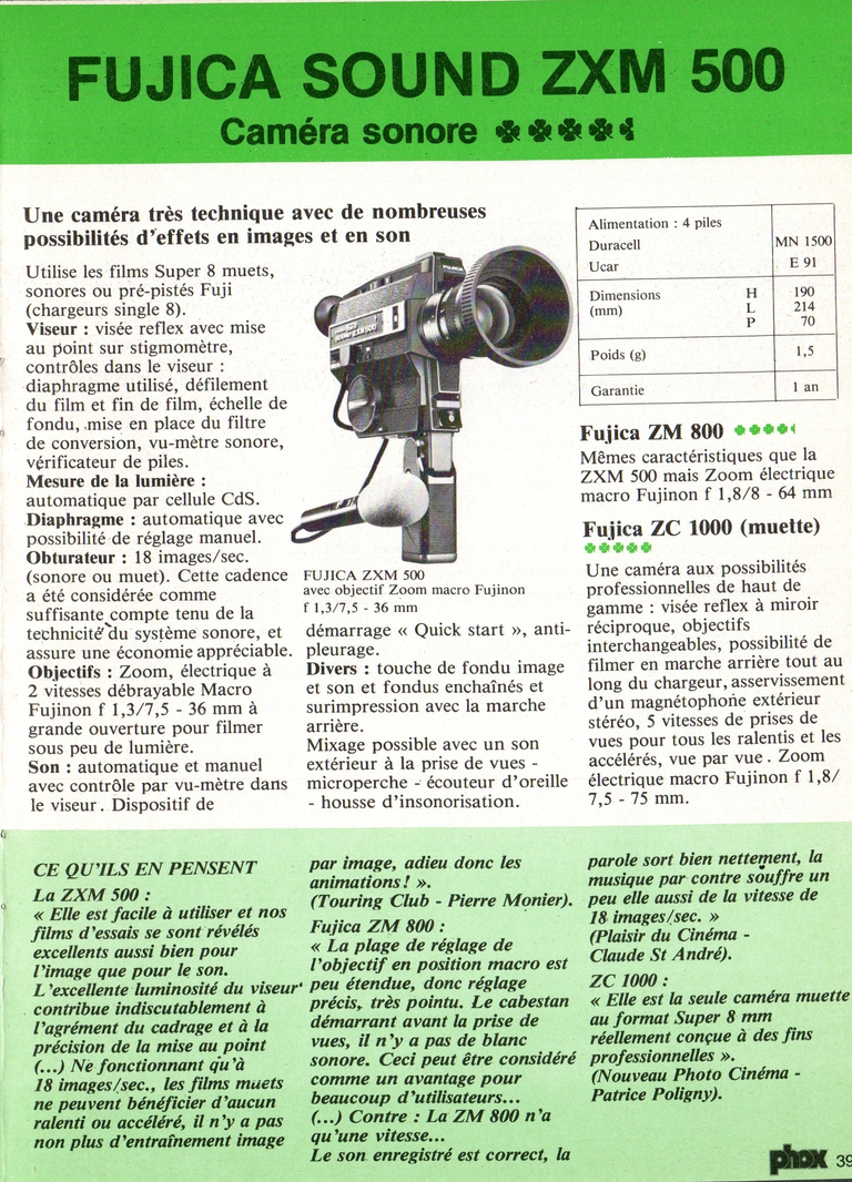 1980 - Phox Dossier-vérité : Les caméras Super 8 et la vidéo - Fujica Sound ZXM 500