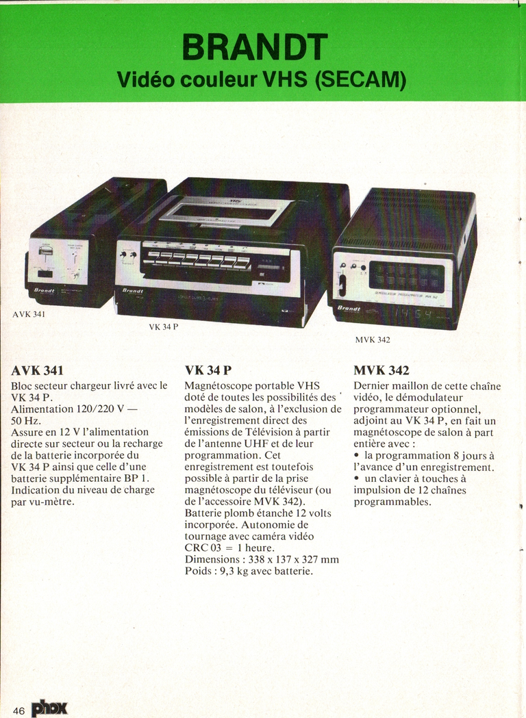 1980 - Phox Dossier-vérité : Les caméras Super 8 et la vidéo - Brandt Vidéo couleur VHS (SECAM)