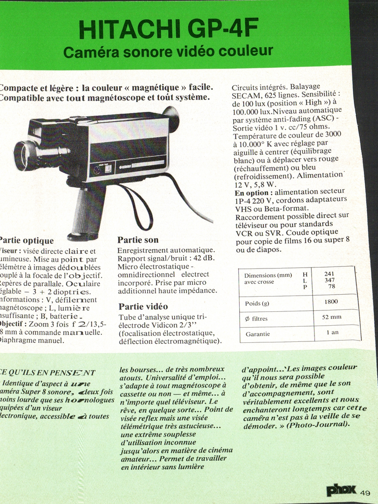 1980 - Phox Dossier-vérité : Les caméras Super 8 et la vidéo - Hitachi GP-4F