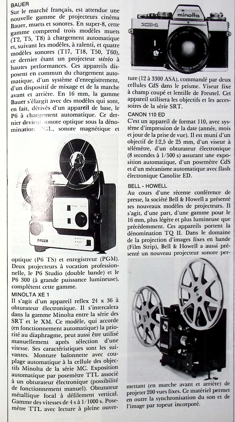 Bauer projecteurs Super 8 muets T2, T5, T8, projecteurs Super 8 sonores T17, T18, T50, T60, projecteur 16 mm P6 - Photo - février 1975