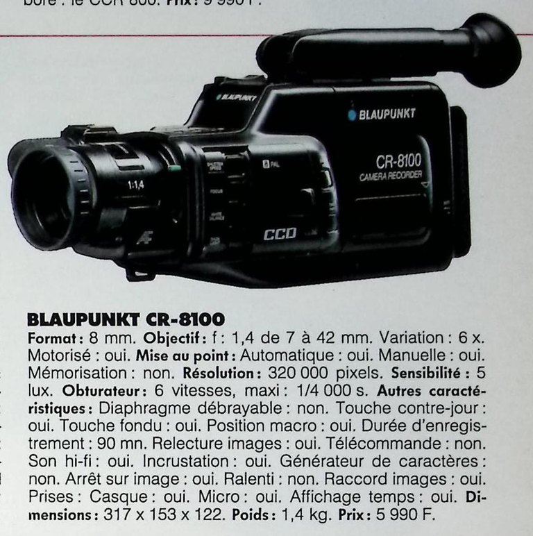 Blaupunkt caméscope CR-8100 8 mm - Photo - février 1991