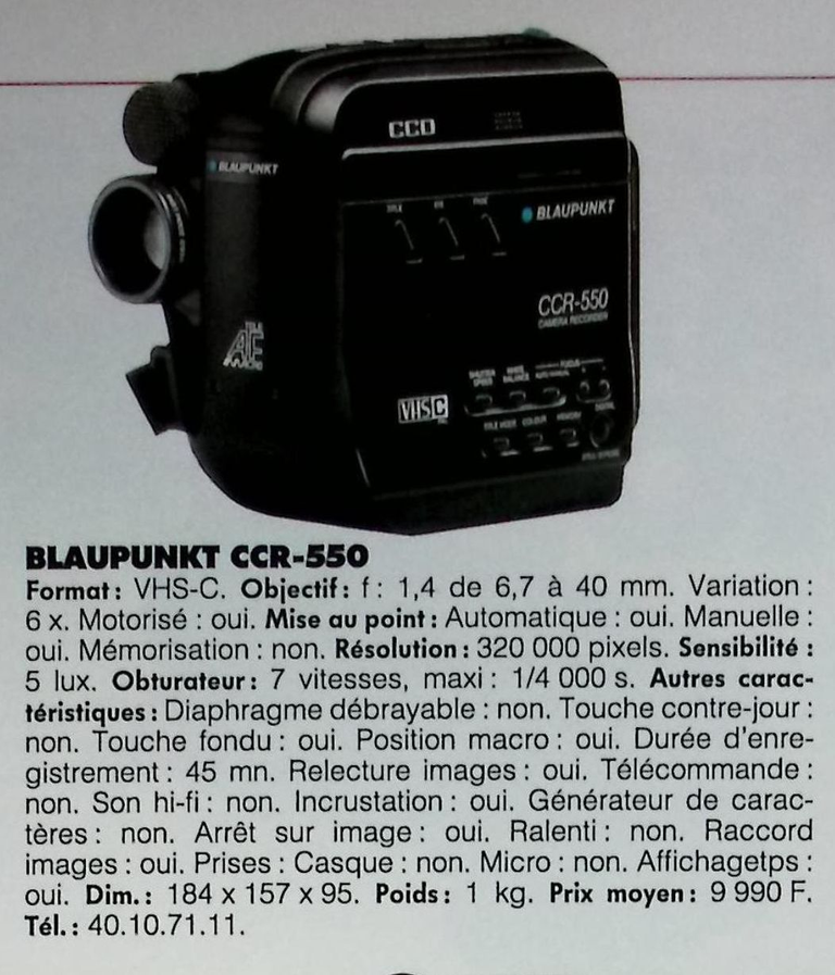 Blaupunkt caméscope CCR-550 VHS-C - Photo - février 1991