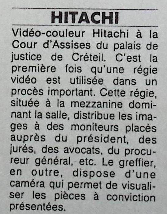 Hitachi vidéo couleur à la Cour d'assises de Créteil - mai 1981 - Photo