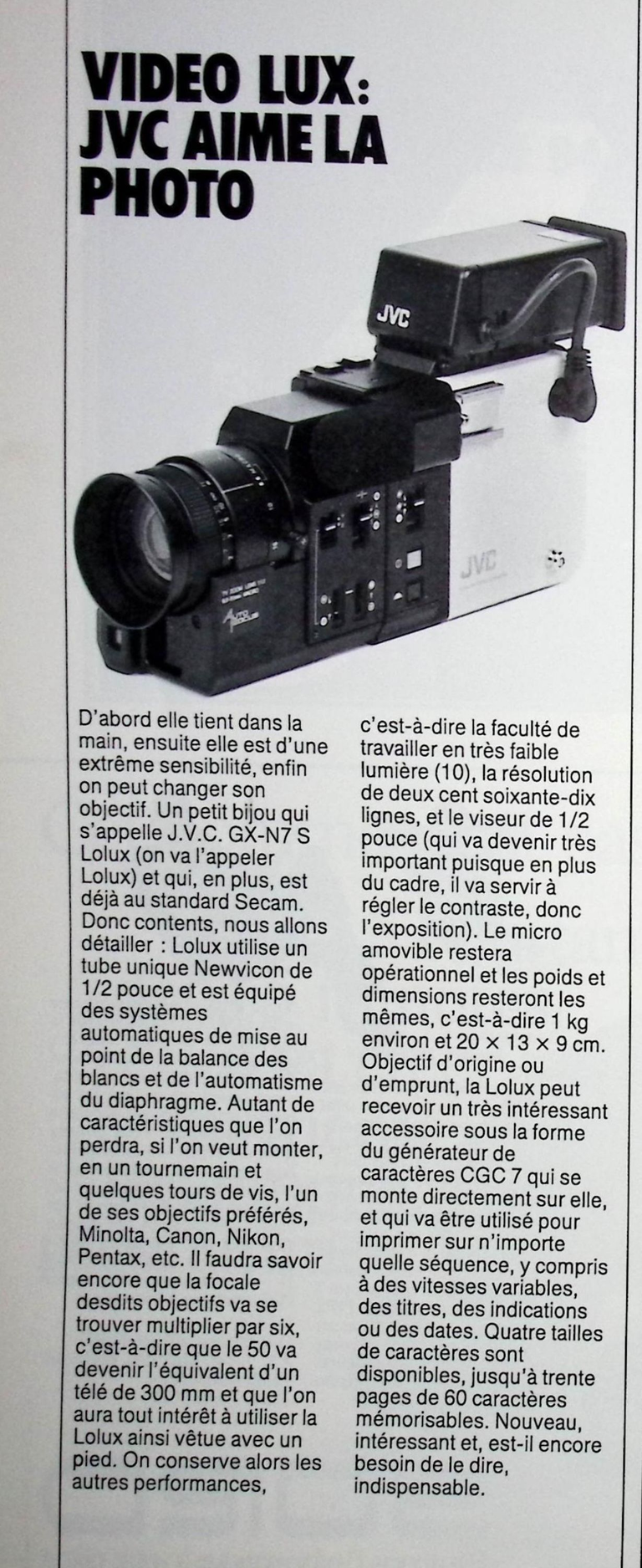 JVC caméra vidéo GX-N7 S Lolux VHS-C - décembre 1984 - Photo
