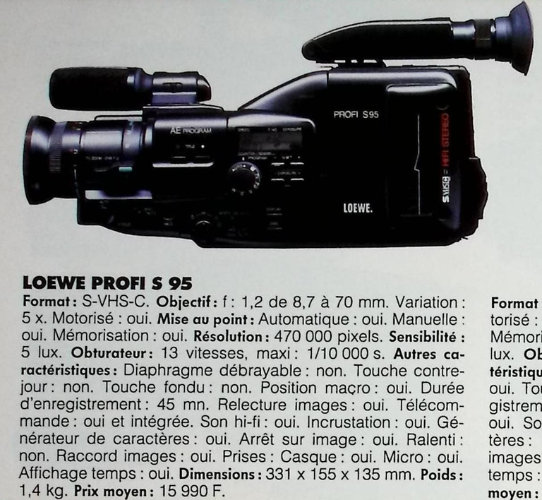 Loewe caméscope S-VHS-C Profit S 95 - Photo - février 1991