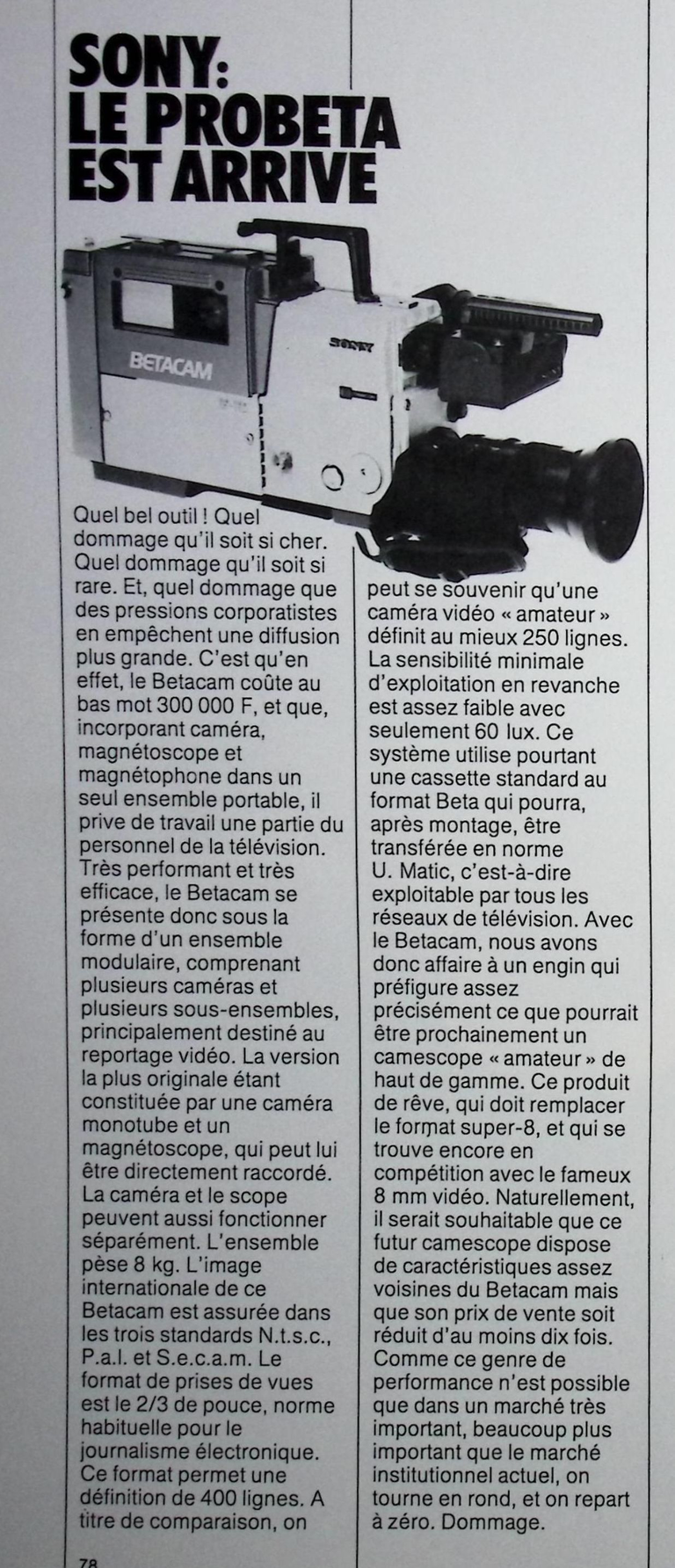 Sony caméscope Betacam - Photo - janvier 1984