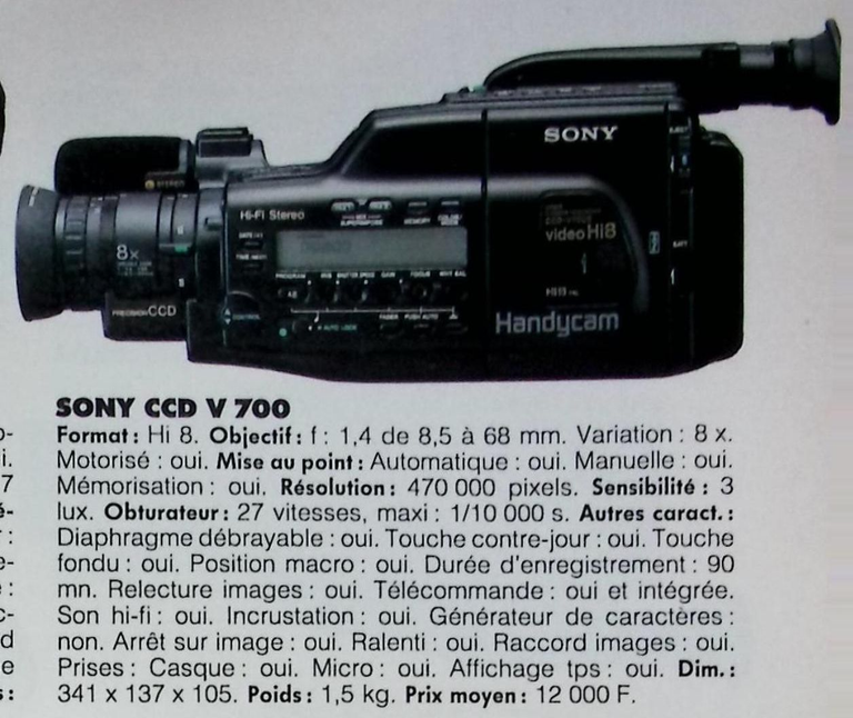 Sony caméscope Handycam CCD V 700 - Photo - juillet août 1993