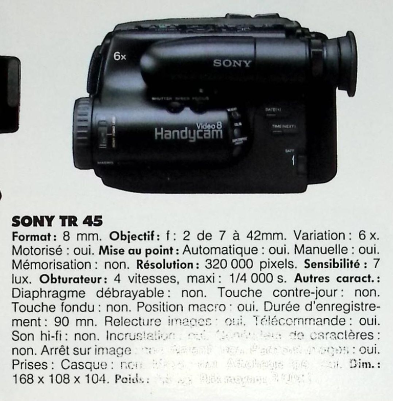 Sony caméscope Handycam TR-45 - Photo - juillet août 1993