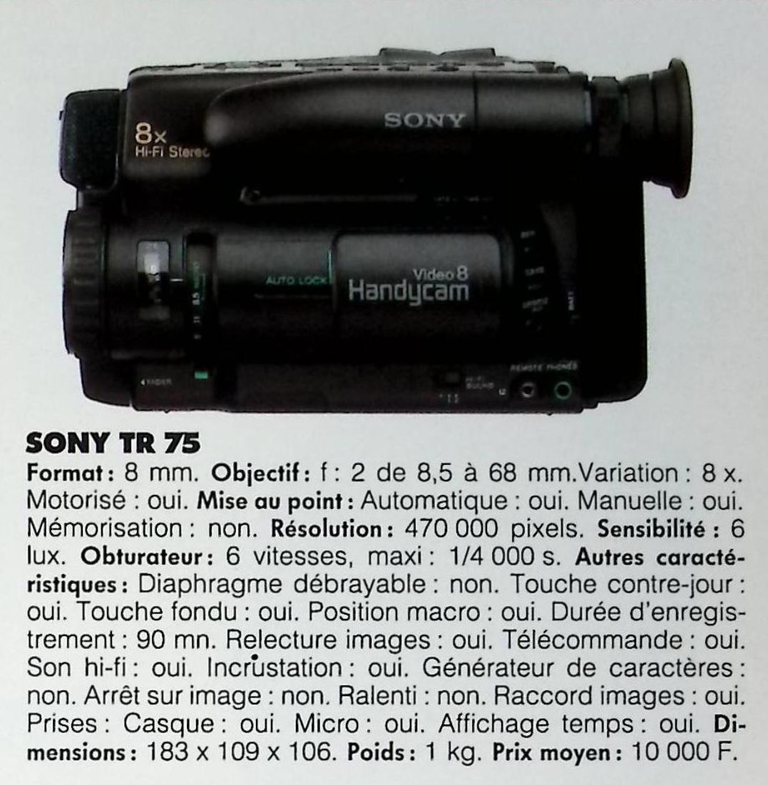 Sony caméscope Handycam TR-75 - Photo - juillet août 1993