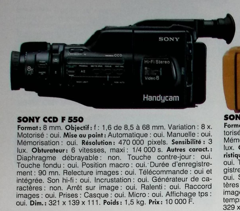Sony caméscope Handycam F-550 - Photo - juillet août 1993