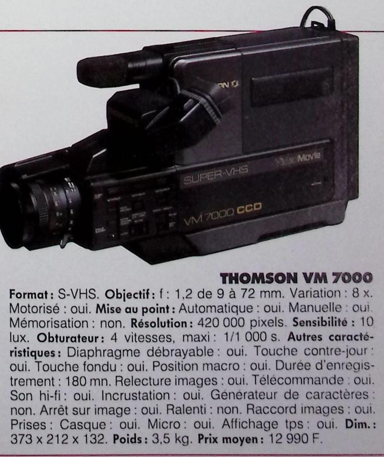 Thomson caméscope S-VHS VM 7000 - Photo - février 1991