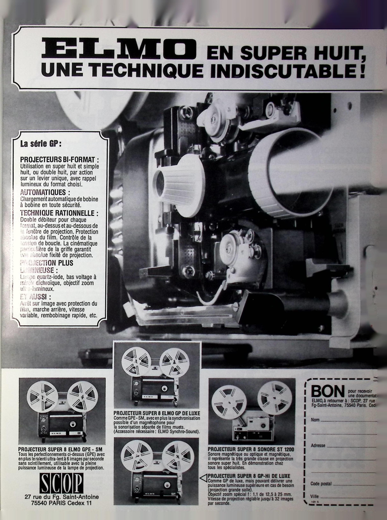 Elmo projecteurs GPE-SM, GP de Luxe, ST 1200, GP-HI de Luxe - Photo - janvier 1975