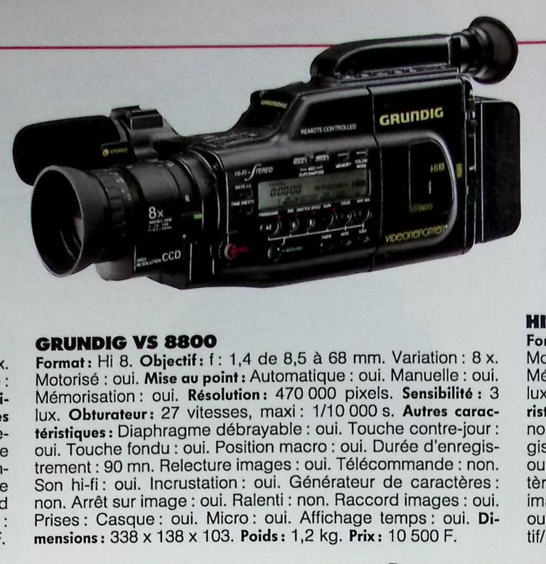 Grundig caméscope Hi8 VS 8800 - Photo - février 1991