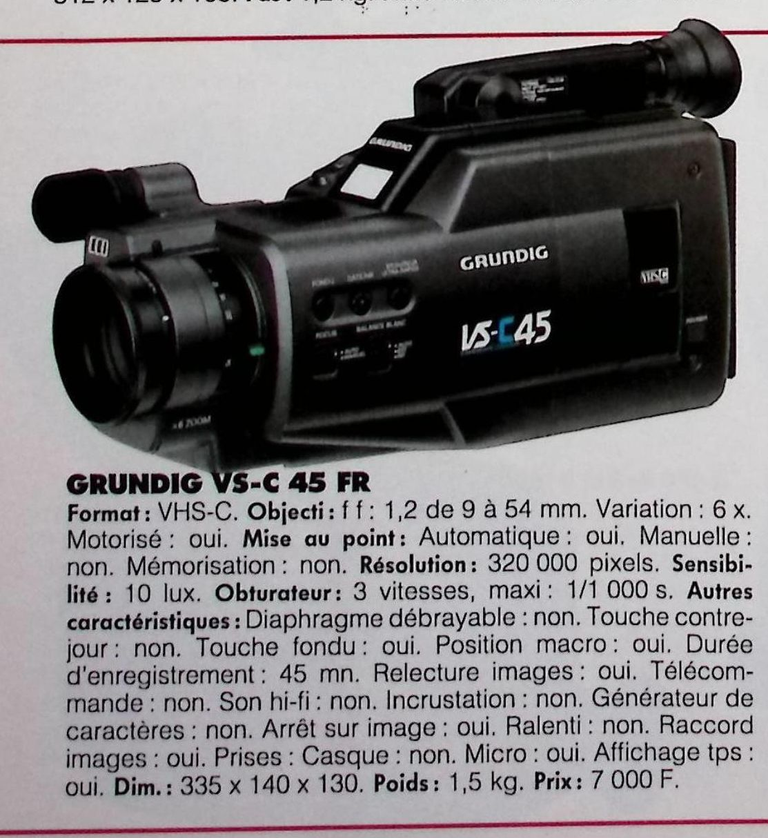 Grundig caméscope VHS-C VS-C 45 FR - Photo - février 1991