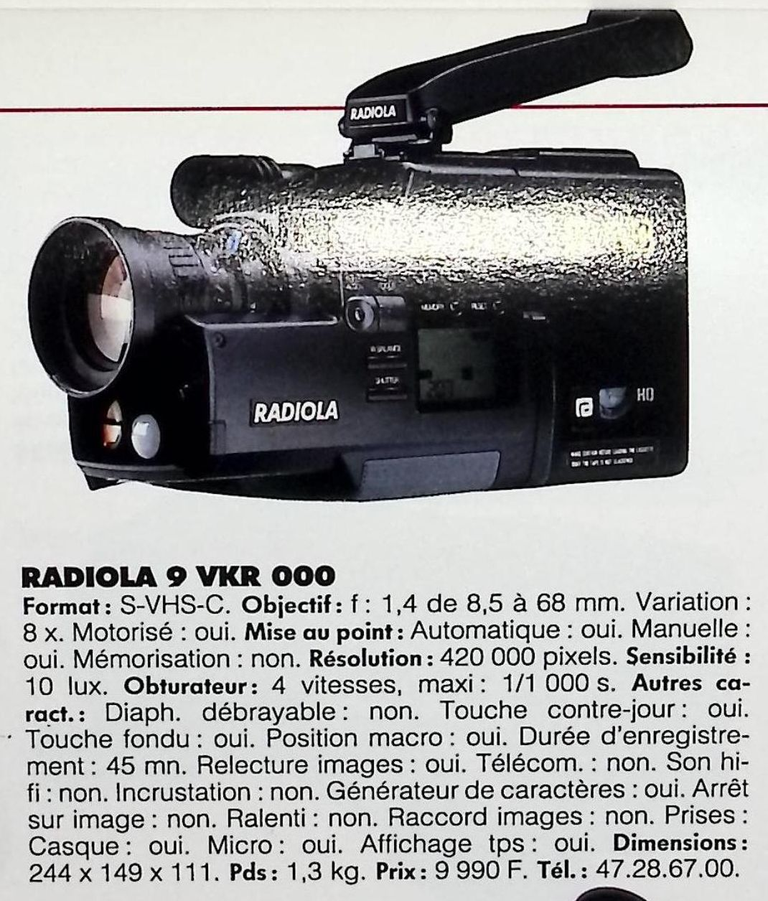 Radiola - caméscope S-VHS-C 9 VKR 000 - Photo - février 1991