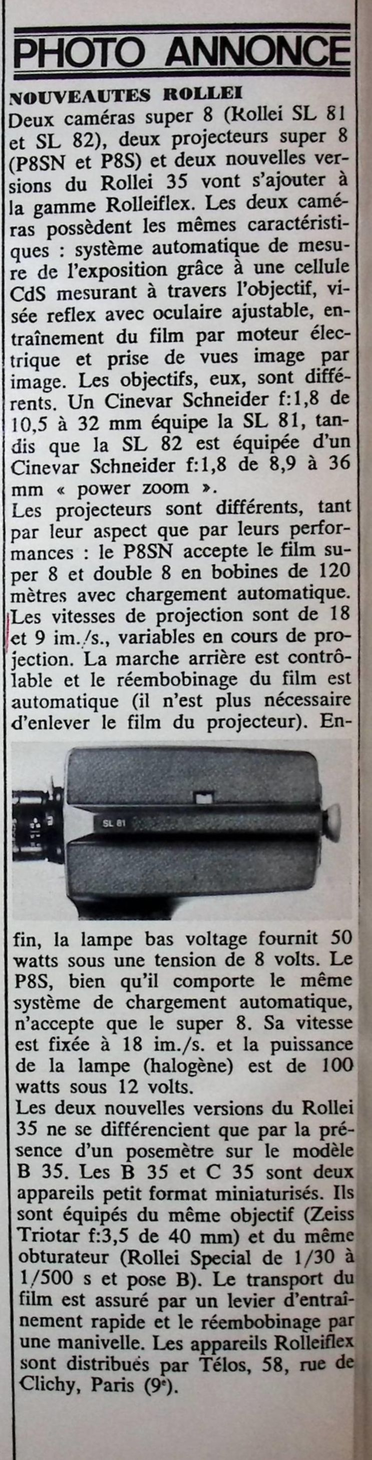 Rollei caméras SL 81, SL 82, projecteurs P8SN, P8S - Photo - avril 1970