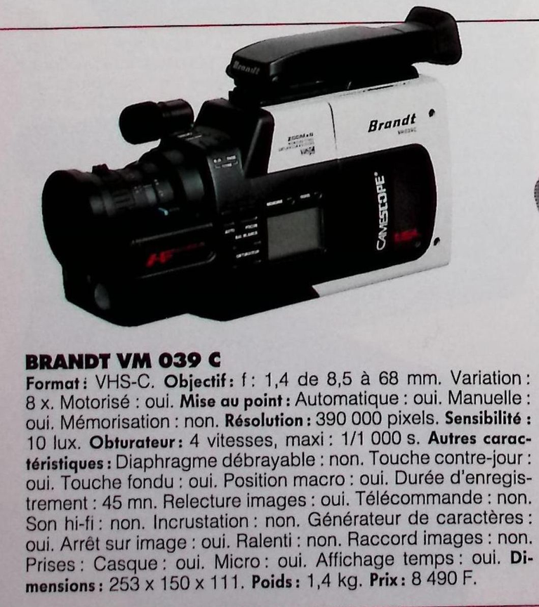 Brandt caméscope VM 039 C VHS-C - Photo - février 1991