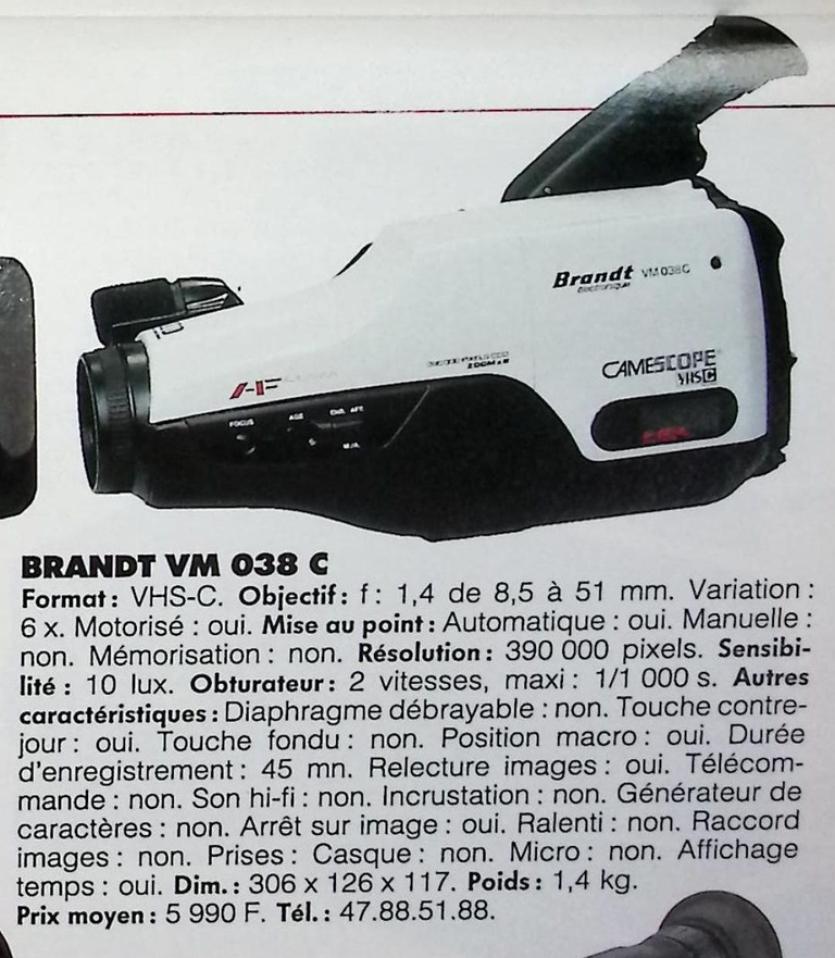 Brandt caméscope VM 038 C VHS-C - Photo - février 1991