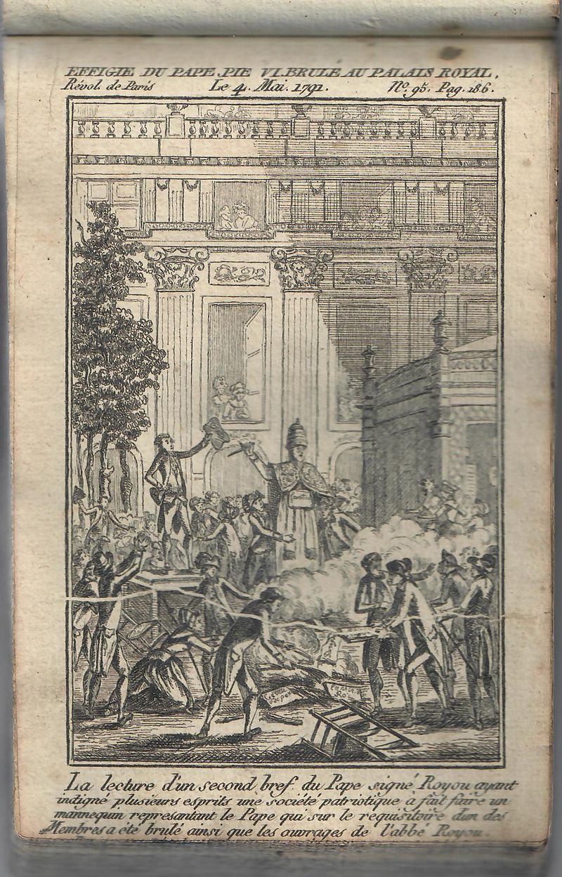Effigie du Pape Pie VI brule au Palais Royal le 4 Mai 1791.