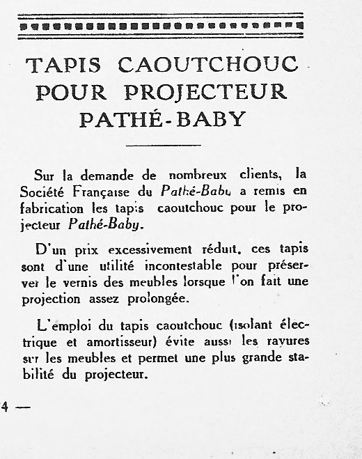 Tapis en caoutchouc pour projecteur Pathé-Baby - octobre 1927 - Le Cinéma Chez Soi