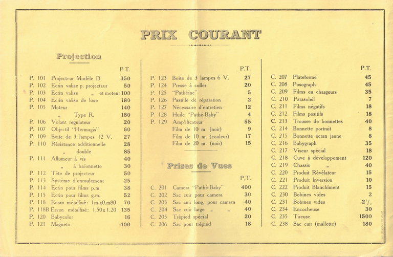 Pathé - Tarif Pathé-Baby Cicurel
