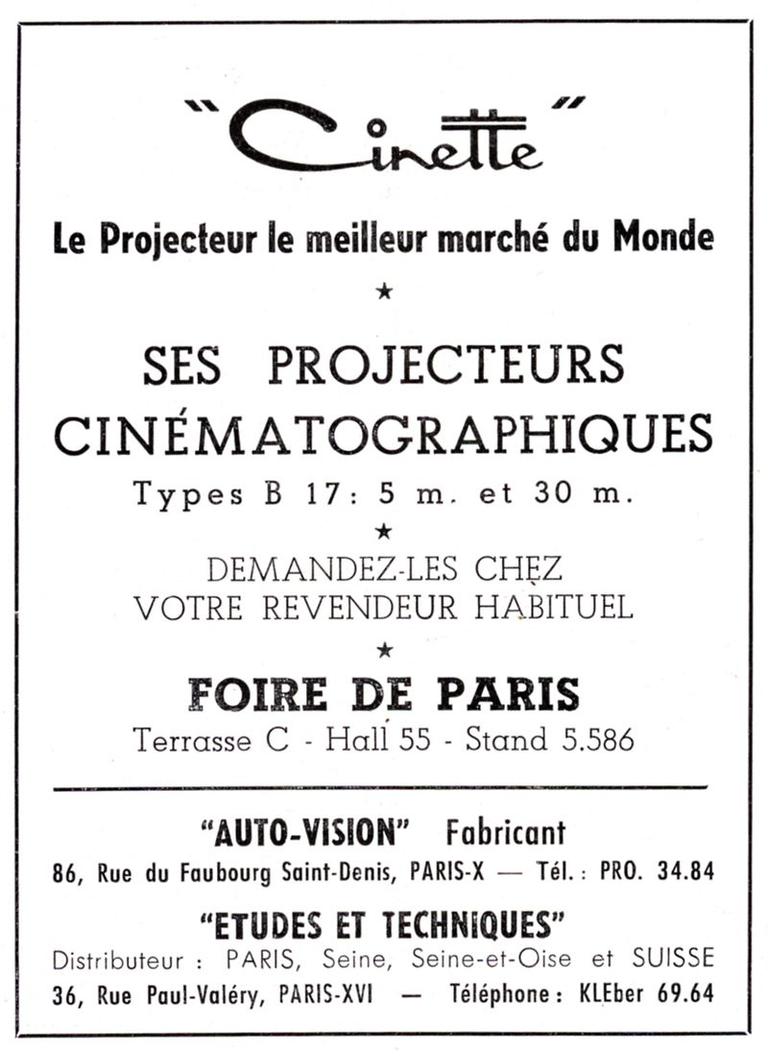 Auto-Vision Cinette - projecteur Type B 17 5m et B 17 30 m - 1953