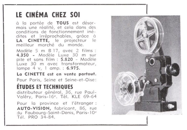 Auto-Vision Cinette - projecteur Type B 17 5m et B 17 Luxe 30 m - 1953