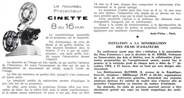 Auto-Vision Cinette - projecteur Cinette 8 mm ou 16 mm - 1955