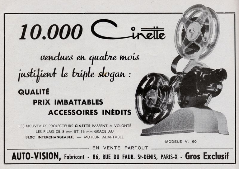 Auto-Vision Cinette - projecteur Cinette V60 8 mm ou V60 16 mm - 1956