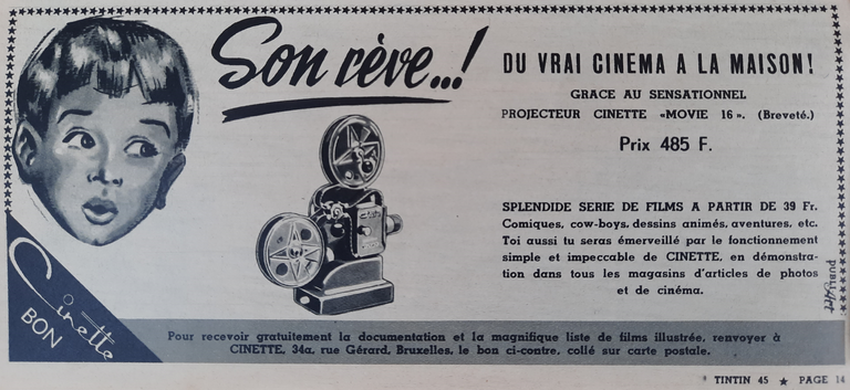 Auto-Vision Cinette - projecteur Cinette Movie 16 - novembre 1955 - Tinti n°45 (édition belge)