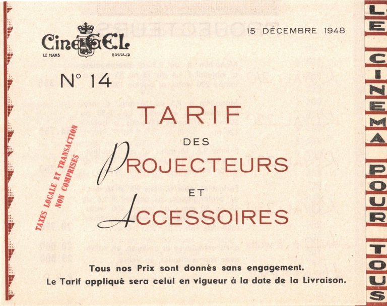GinéGel - Tarif des Projecteurs et Accessoires - 15 décembre 1948 - couverture