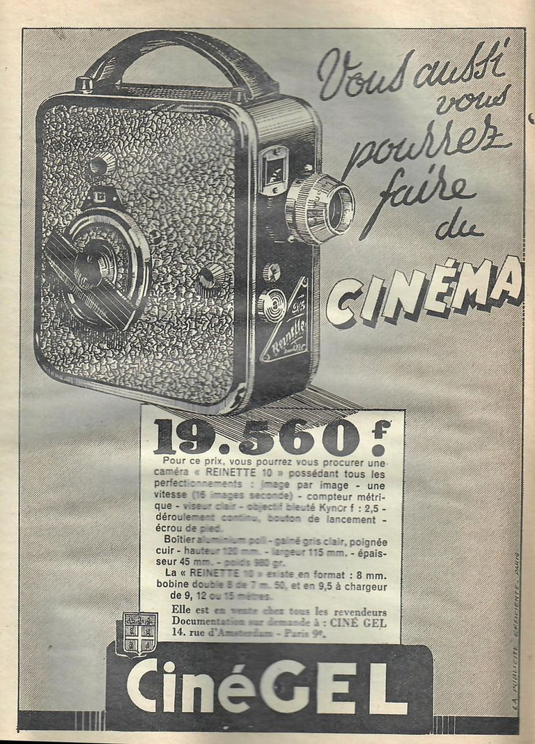 CinéGel - caméra Reinette 10 format 8 mm et 9,5 mm - juillet 1952