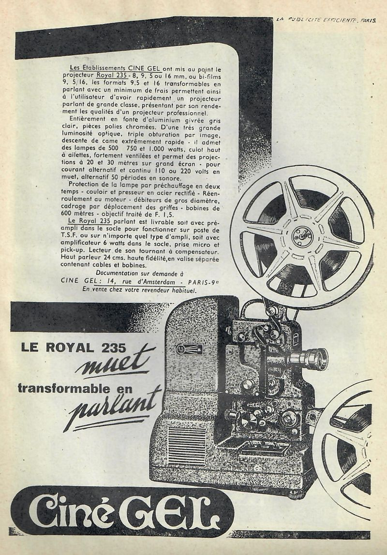 CinéGel - projecteur Royal 235 biformat 9,5 et 16 mm ou monoformat 8 mm, 9,5 mm ou 16 mm - octobre 1952