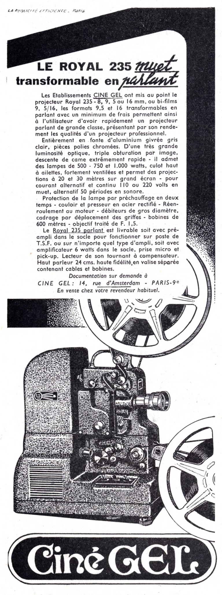 CinéGel - projecteur Royal 235 biformat 9,5 et 16 mm ou monoformat 8 mm, 9,5 mm ou 16 mm - octobre 1952