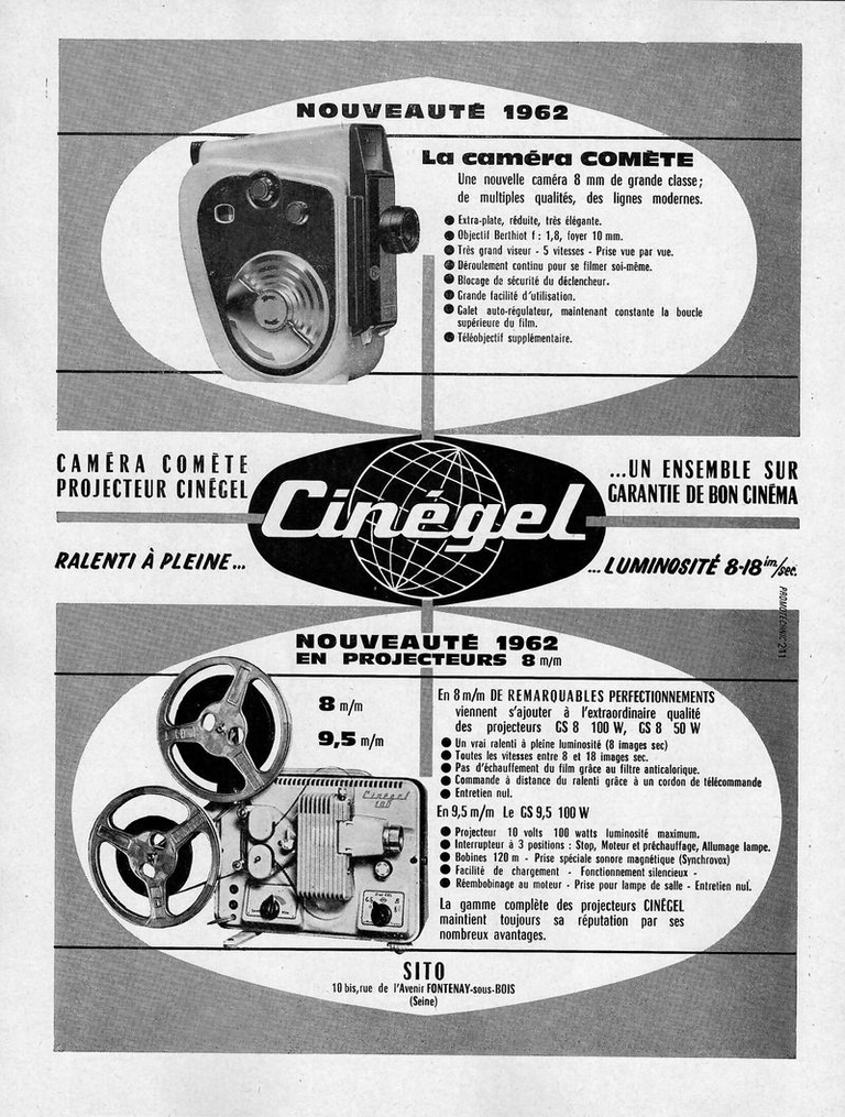 CinéGel - caméra Comète format 8 mm  - projecteur 8 mm GS 8 100W, GS8 50W et projecteur 9,5 mm GS 9,5 100W - juin 1962 - Photo-Cinéma