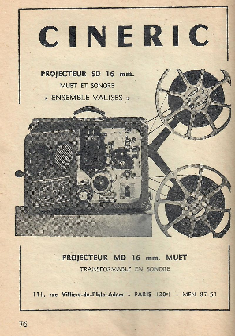 Cinéric - projecteur SD 16 mm sonore, MD 16 mm muet - mai 1951