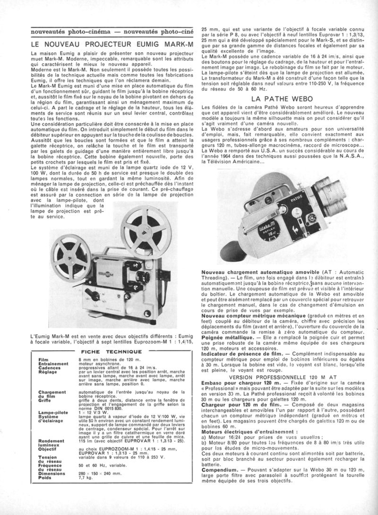 Article E.P.C. - caméra Pathé Webo M Reflex AT 16 mm, Webo M Reflex 120 AT 16 mm - juin 1965 - Photo-Ciné